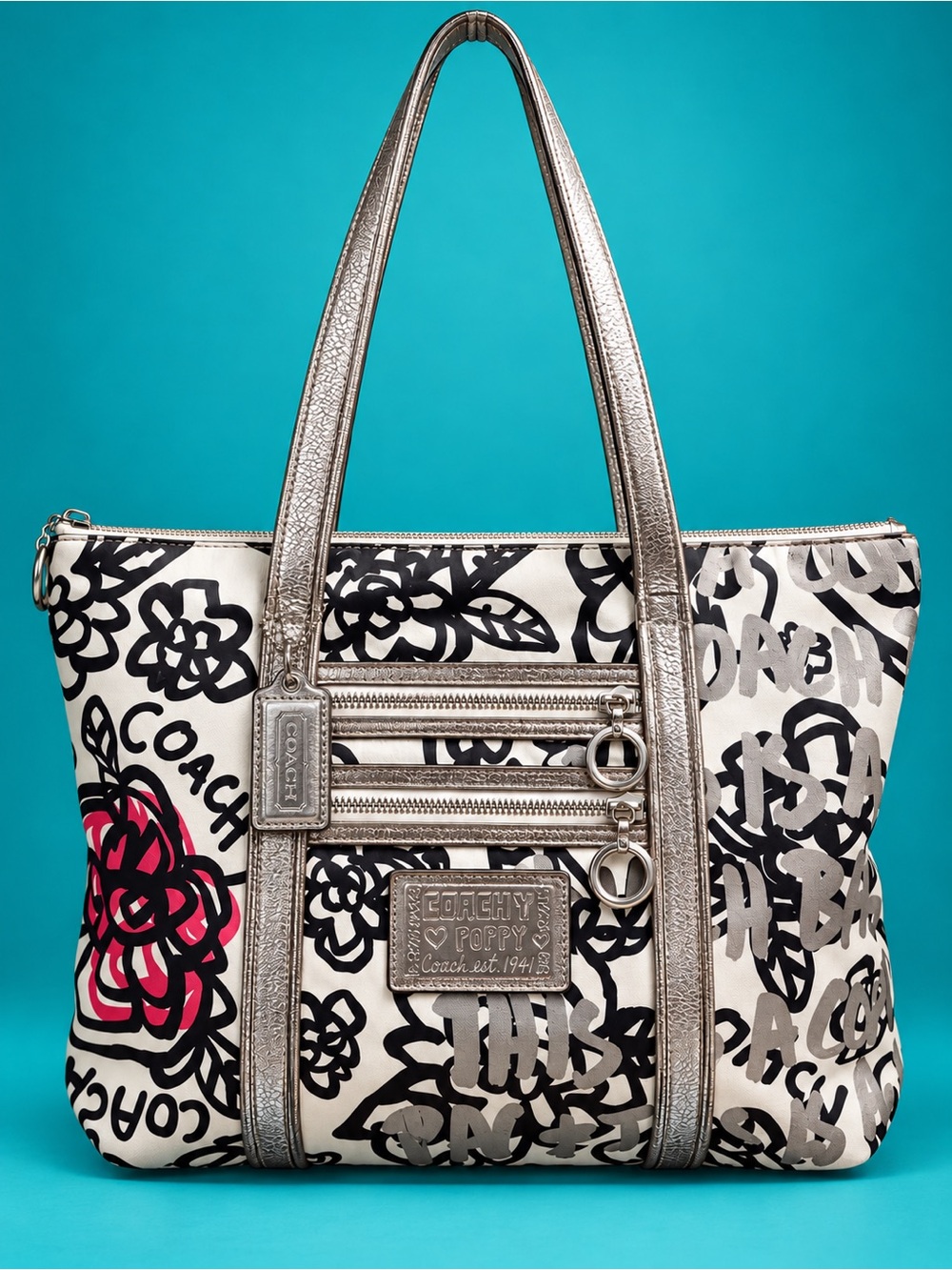 COACH Poppy Graffiti Floral Tote Shoulder Bag with Hang Tag Keychain 2009